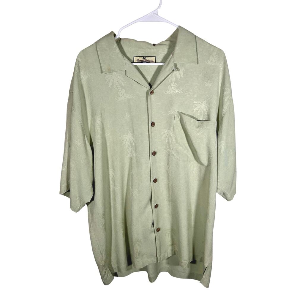 Tommy Bahama Shirt Mens Large Green 100% Silk Palm Tree Tropical Relaxed Fit
